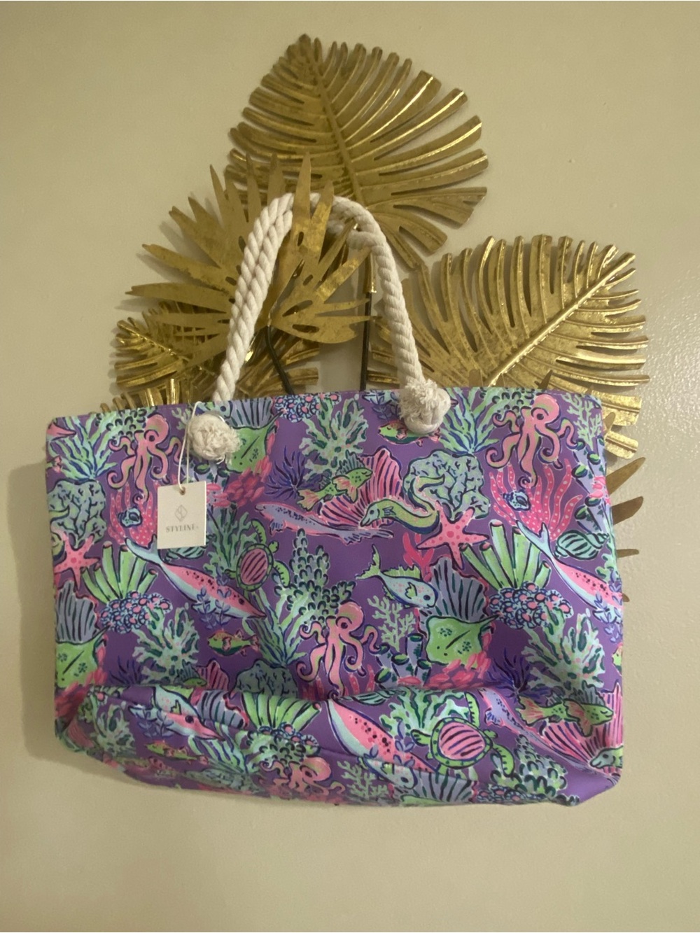 Purple Sea Life Print Tote with Rope Handles